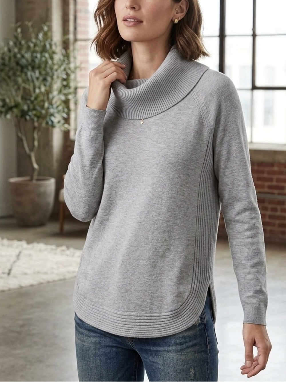 Light Gray Cowl Neck Sweater with Ribbed Paneling - Lety & Me